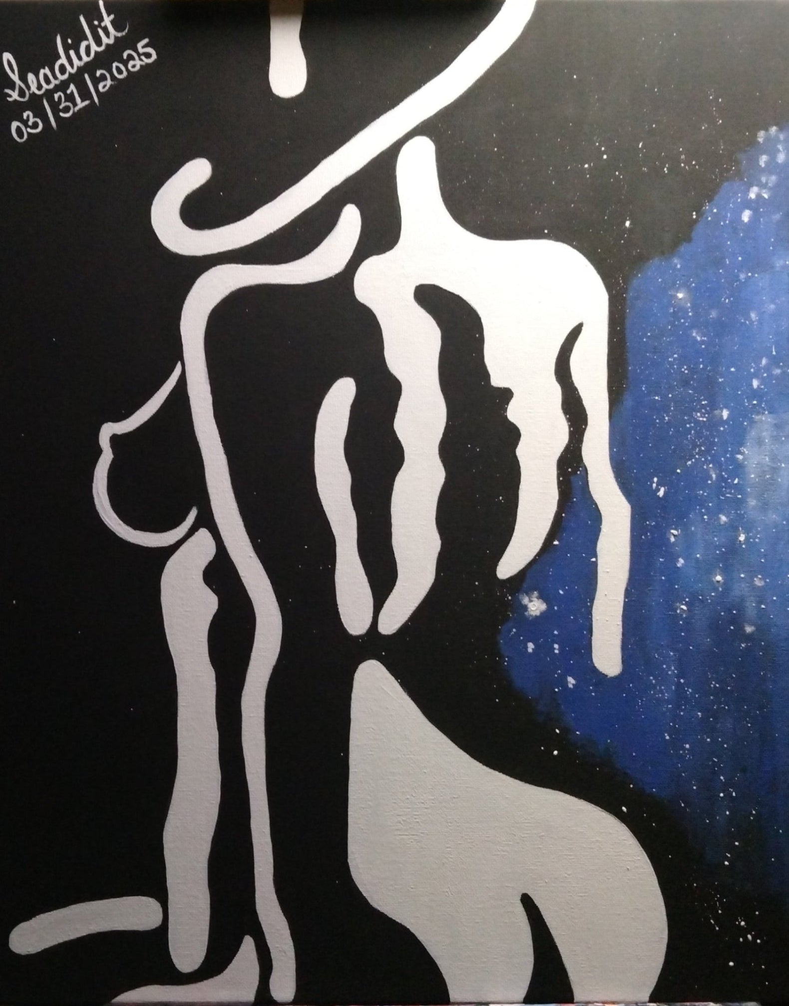 Abstract art with silhouettes of a couple against a starry night sky.